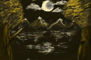 A painting of night moon in a scenic setting of a lake, mountains and trees