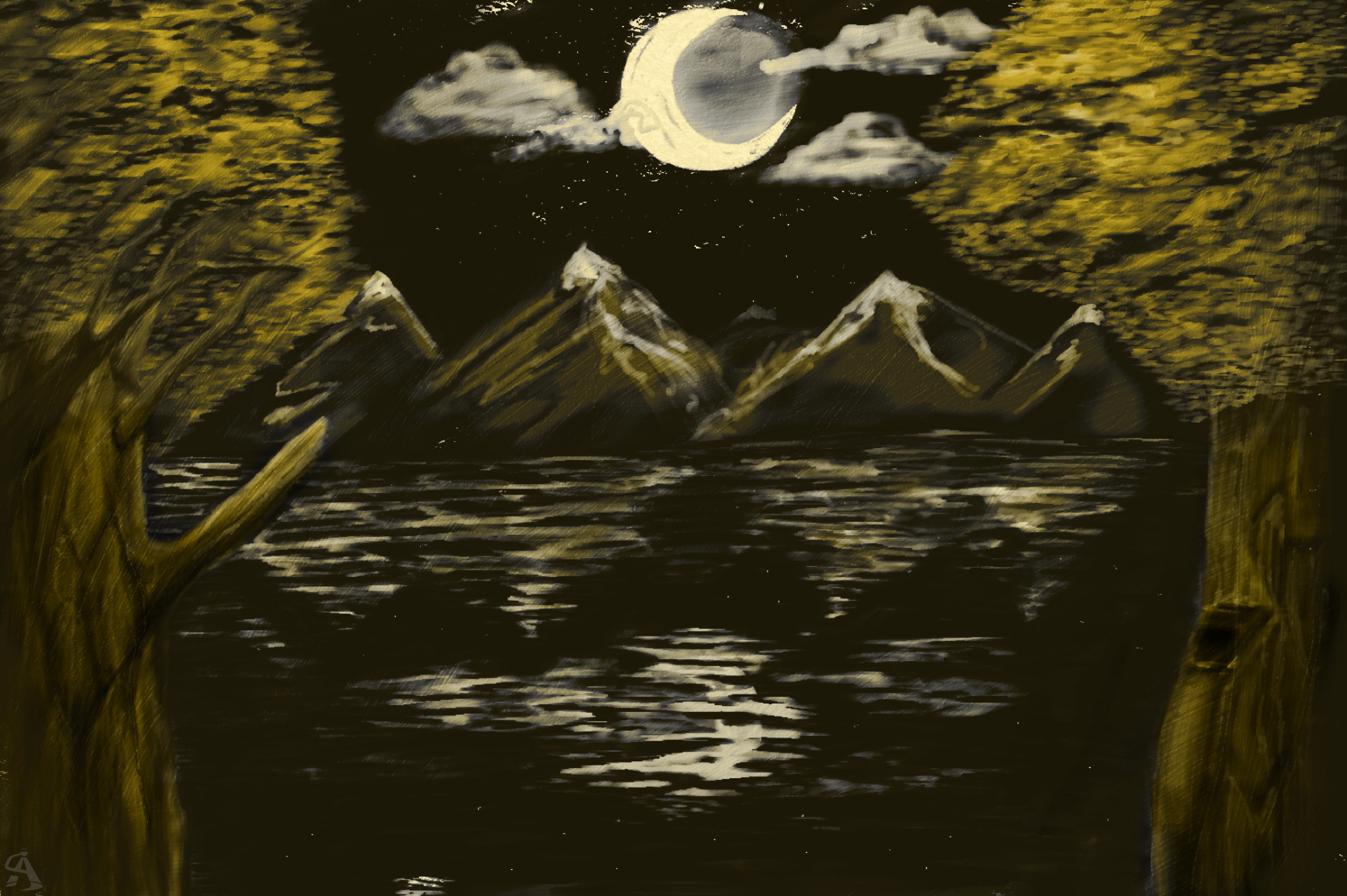 A painting of night moon in a scenic setting of a lake, mountains, and trees